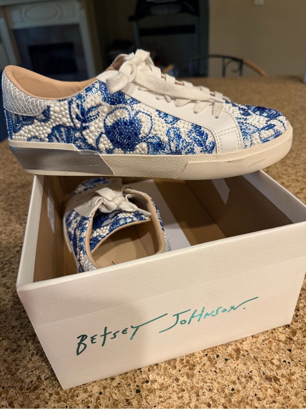 Betsey Johnson White Sneakers with Blue Floral Embroidery